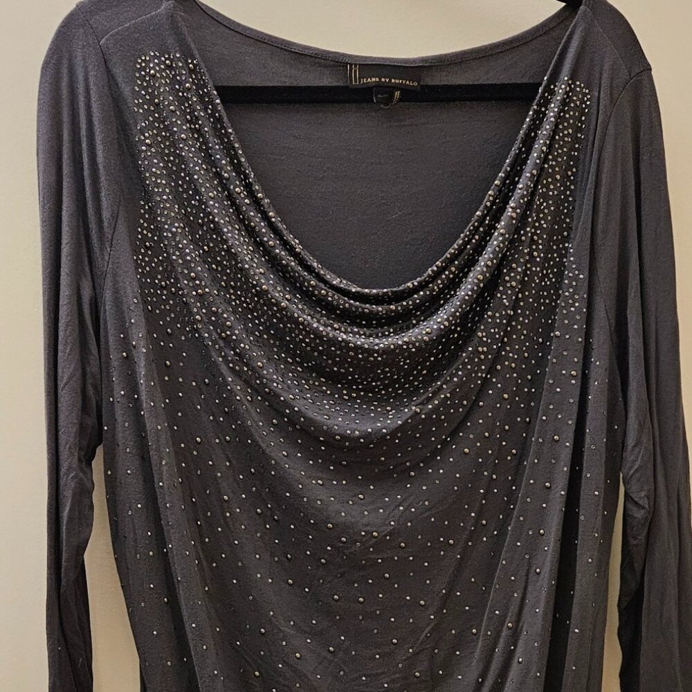 Jeans by Buffalo Dark Grey Soft Draping Neck Embellished Top, XXL